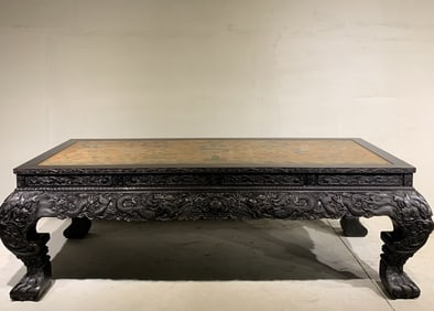 A Huge Zitanwood Auspicious Cloud and Dragon Pattern Table,With Poem