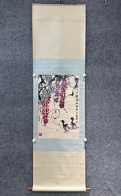 A Chinese Vertical Scroll Ink Painting of Flower and Bird on Paper,Lou Shibai