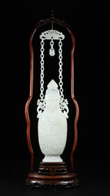 An Exquisite White Jade Double-Ears Vase, With Redwood Stand