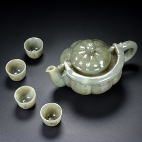 A Set of Exquisite White Jade Poem Pumpkin-Shaped Teapots
