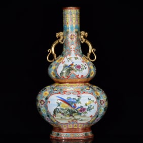 An Exquisite Enamel Gilt Flower and Bird Pattern Double-Ears Gourd Vase