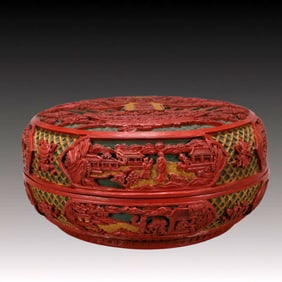 A Exquisite Carved Red Lacquer Character and Story Pattern Dragon Pattern Box