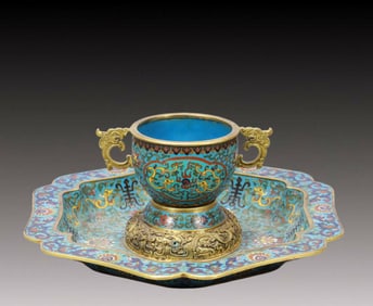 A Rare Cloisonne Lotus and Dragon Pattern Double-Ears Cup