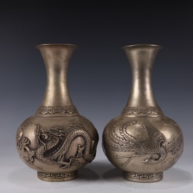 A Pair of Exquisite Silver-plated Dragon and Phoenix Patterened vases