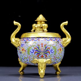 An Exquisite Cloisonne Lotus Pattern Elephant-Ears Tripod Censer