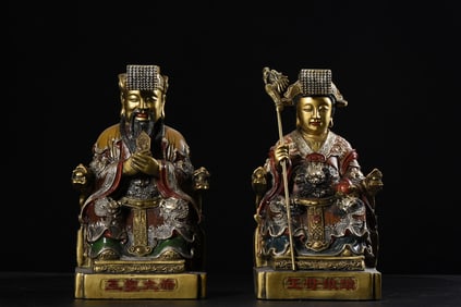 A Pair of Exquisite Gilt Bronze Painted Color Figure Ornaments