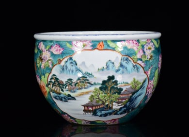 An Exquisite Famille-Rose Lotus Landscape Pattern Vat