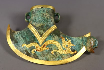 An Exquisite White Jade Cover with Gold Dragon Pattern Ornament,With Inscription
