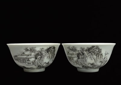 A Pair of Exquisite Ink Color Landscape Pattern Bowls