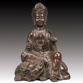 An Exquisite Eaglewood Statue of Manjusri, Inlaid Pearl
