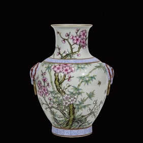An Exquisite Famille-Rose Flower Pattern Painted Gold Double-Ears Vase,With Poem