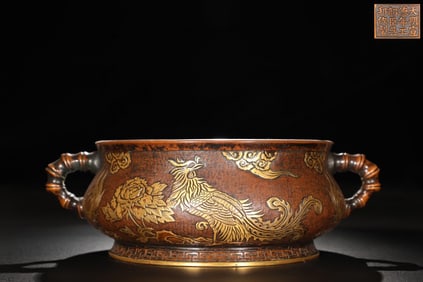 An Exquisite Gilt Bronze Dragon and Phoenix Pattern Double-Ears Censer