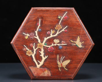 An Exquisite Huanghuali Wood Inlaid Gems Butterfly and Flower Pattern Box