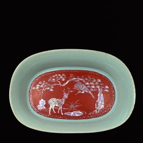 An Exquisite Ru yao Sky Blue Glazed Inlaid Lacquer Pine and Crane Pattern Basin