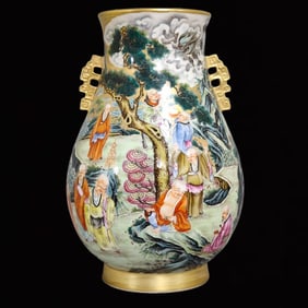 A Rare Enamel Painted Gold Landscape and Figure Pattern Double-Ears Vase