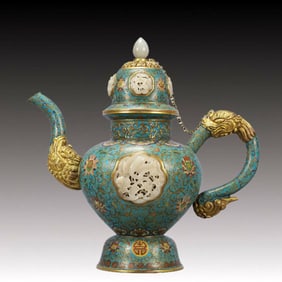 A Rare Cloisonne Lotus Pattern Ewer,Inlaid White Jade