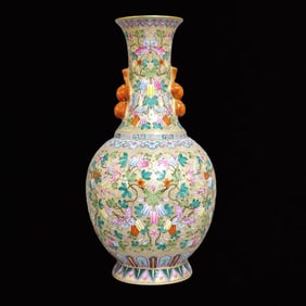 A Rare Enamel Painted Gold Butterfly, Flower and Fruit Pattern Double-Ears Vase