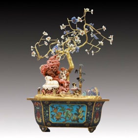An Exquisite Cloisonne With Agate Flower Pot Ornament