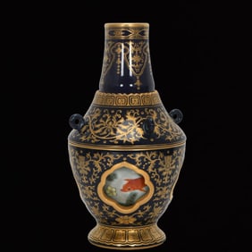 An Exquisite Enamel Ji Blue Glazed Painted Gold Lotus and Fish Pattern Vase