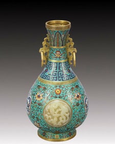 An Exquisite Cloisonne Lotus and Dragon Pattern Double-Ears Vase,Inlaid White Jade