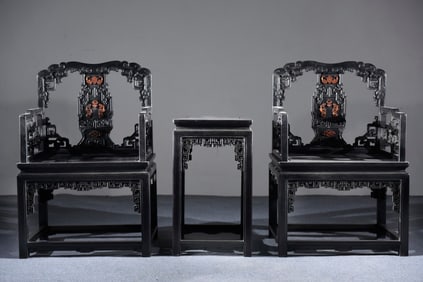 A Set of Zitanwood Dragon and Bats Pattern Table and Armchair
