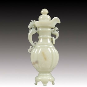 An Exquisite White Jade Lotus Pattern Dragon Phoenix Ewer