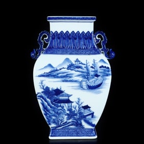A Rare Blue and White Landscape Pattern Double-Ears Vase