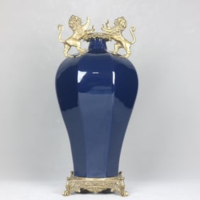 An Exquisite Blue Glazed Inlaid Bronze Beast Ears Vase