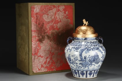 A Huge Blue and White Figure Pattern Big Jar , with Gilt Cover