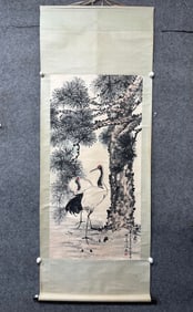A Chinese Vertical Scroll Ink Painting of Pine and Crane on Paper,Yang Shanshen