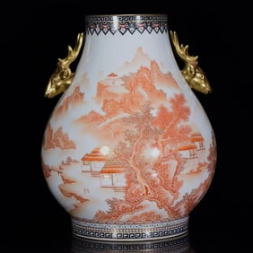 An ExquisiteIron-Red Gilt Landscape Pattern Deer Ears Vase
