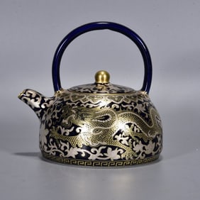 An Exquisite Ji Blue Inlaid Gold and Silver Dragon Phoenix Pattern Ewer