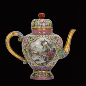 An Exquisite Enamel Yellow Ground Lotus, Landscape and Figure Pattern Ewer