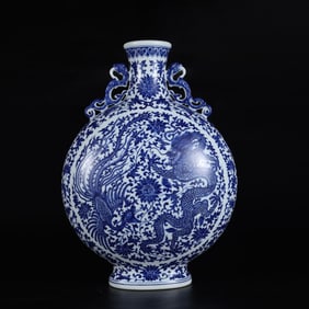 A Huge Blue and White Dragon and Phoenix Pattern Double-Ears Vase
