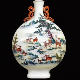 A Huge Famille-Rose Painted Gold Landscape and Deer Pattern Dragon-Ears Vase