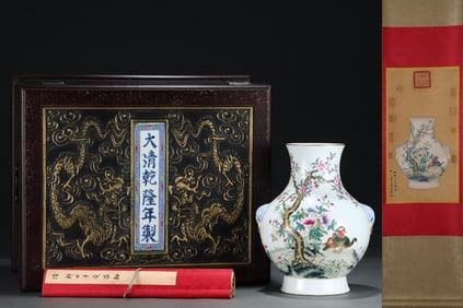 An Exquisite Famille-Rose Flower and Bird Pattern Double-Ears Vase,with poem,With Vertical Scroll