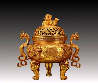 An Exquisite Gilt Bronze Dragon Pattern Double-Ears and Tripod Censer