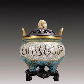 An Archaic Cloisonne Lotus Pattern Double-Ears and Tripod Censer,with Arabic,with Zitanwood Inlaid