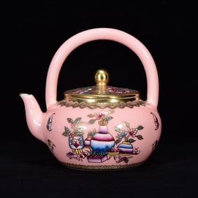 An Exquisite powder glaze Famille-Rose Bogu Pattern Painted Gold Ewer