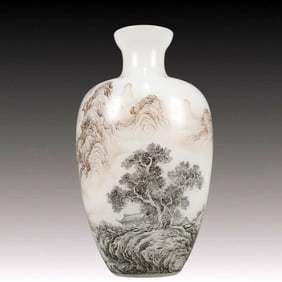 A Precious Glass Famille-Rose Landscape Pattern Vase,With Poem