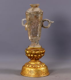 A Rare Glass Beast-Face Pattern Double-Ears Cup, with Gilt Bronze Base
