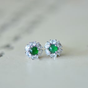 A Pair of Exquisite Sterling Silver Inlaid Jadeite Earrings