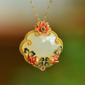 An Exquisite Sterling Silver Inlaid White Jade Enamel Pendant