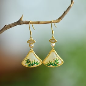 A Pair of Exquisite Sterling Silver Inlaid White Jade Enamel Earrings, Inlaid Pearl