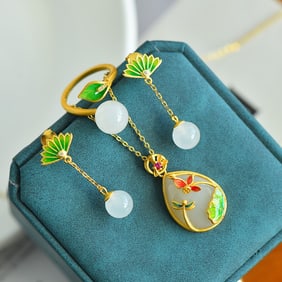A Set of Fine Sterling Silver Inlaid White Jade Enamel Jewelrys