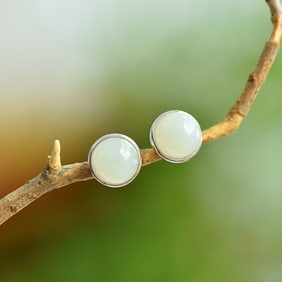 A Pair of Exquisite Sterling Silver Inlaid White Jade Earrings
