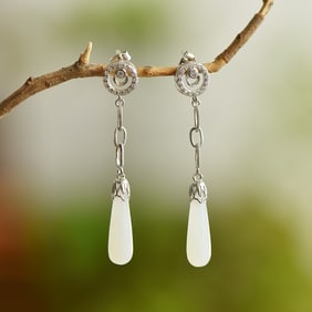 A Pair of Exquisite Sterling Silver Inlaid White Jade Earrings