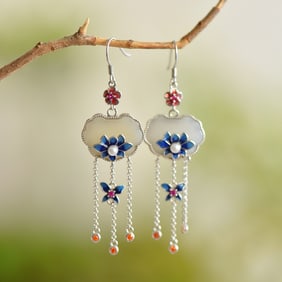 A Pair of Exquisite Sterling Silver Inlaid White Jade Enamel Earrings