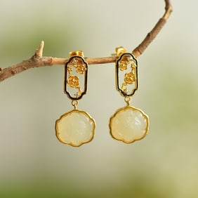 A Pair of Exquisite Sterling Silver Inlaid White Jade Enamel Earrings