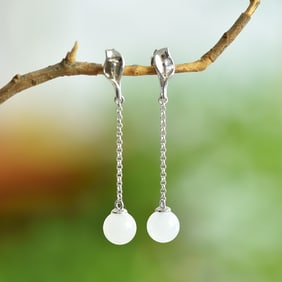 A Pair of Exquisite Sterling Silver Inlaid White Jade Earrings